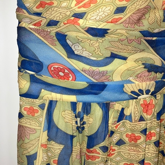 Kay Unger size 6 SILK Blue and Tan Ruched A-Line Midi dress - NWT but FLAWED - Picture 8 of 16